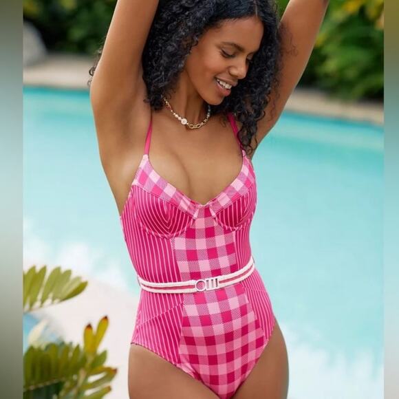 SOLID & STRIPED Other - Solid & Striped Spencer Orchid Pink Gingham Belted One-Piece Swimsuit